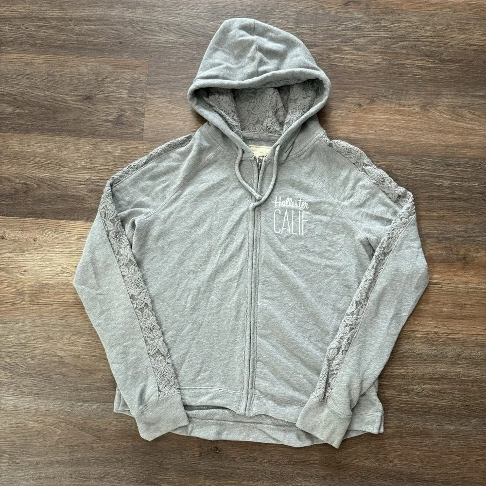 Y2K Style Hollister Full‎ Zip Grey Hooded Jacket Sz L Lace Bella Swan Core